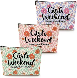 3 Pcs Funny Girls Weekend Gifts Girls Trip 2025 Makeup Bag Cosmetic Case Multicolor Waterproof Cotton and Linen Toiletry Makeup Travel Bag