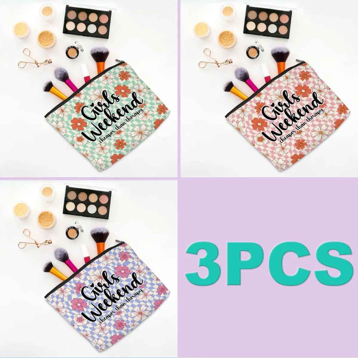 3 Pcs Funny Girls Weekend Gifts Girls Trip 2025 Makeup Bag Cosmetic Case Multicolor Waterproof Cotton and Linen Toiletry Makeup Travel Bag