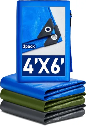 3 Pcs Large Waterproof Tarp 4 x 6 ft Heavy Duty 5.5 Mil Thick Poly Tarpaulin with Grommets Multipurpose Protective Cover for Summer Home Boats Cars Camping RV Pool Tent