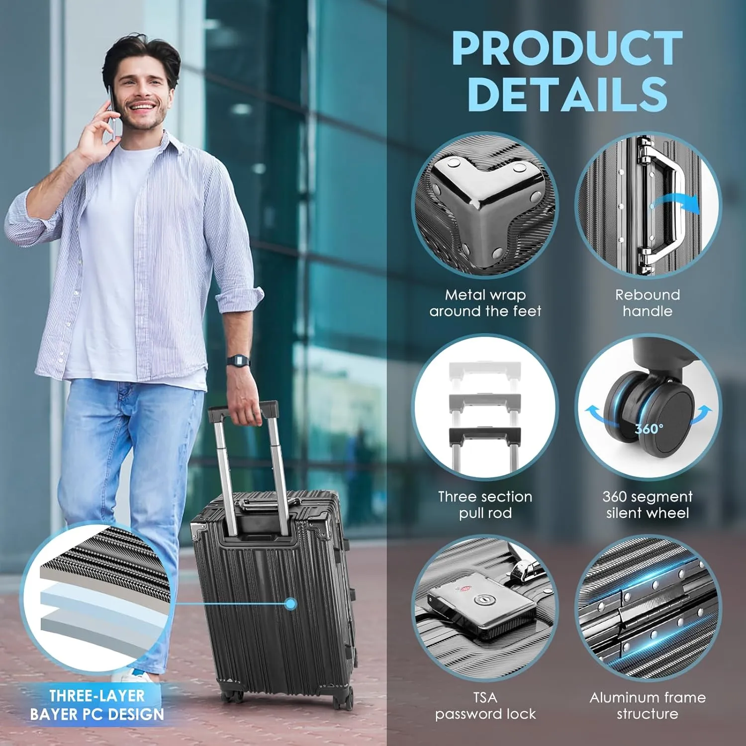 3-Piece Zipperless Luggage Set | 20/24/28 Inch Airline Approved | TSA Lock, Scratch-Proof Hardshell & Silent Wheels | Lightweight Carry-On for Business Travel (Black)