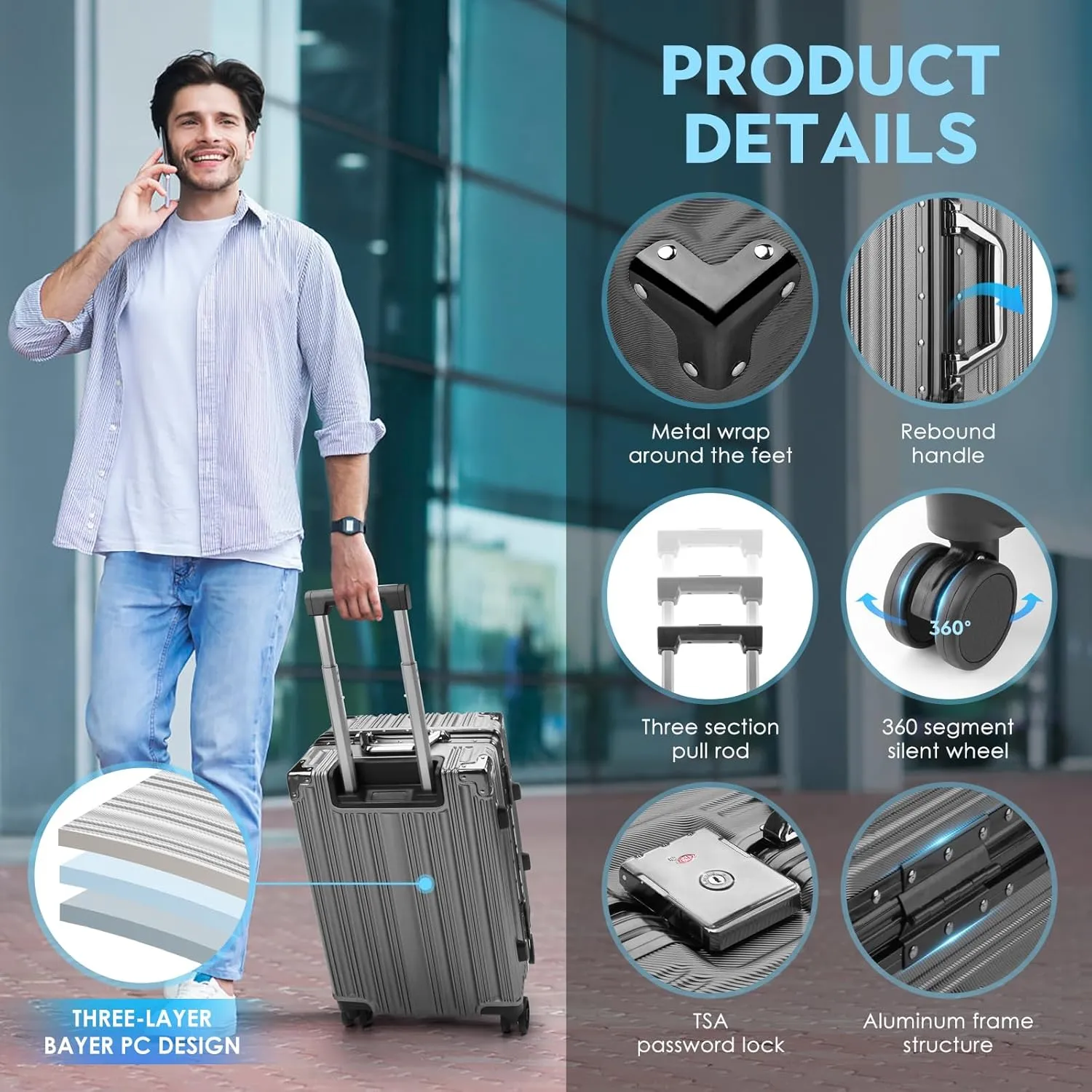 3-Piece Zipperless Luggage Set | 20/24/28 Inch Airline Approved | TSA Lock, Scratch-Proof Hardshell & Silent Wheels | Lightweight Carry-On for Business Travel (Gray)