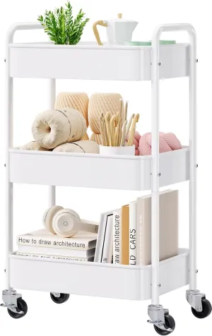 3 Tier Rolling Cart Metal, White Utility Cart with Lockable Wheels, Mesh Rolling Storage Cart Organizer on Wheels, Three Tiered Craft Cart for Kitchen, Bathroom, Office,Laundry Room, Art, Baby Diaper