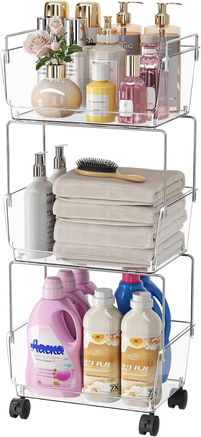 3 Tier Rolling Cart, Storage Shelf Organizer with Lockable Caster Wheels, Utility Organization for Bathroom, Kitchen, Office, Snack, Craft, Diaper, Transparent