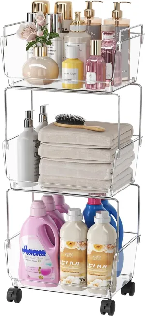 3 Tier Rolling Cart, Storage Shelf Organizer with Lockable Caster Wheels, Utility Organization for Bathroom, Kitchen, Office, Snack, Craft, Diaper, Transparent