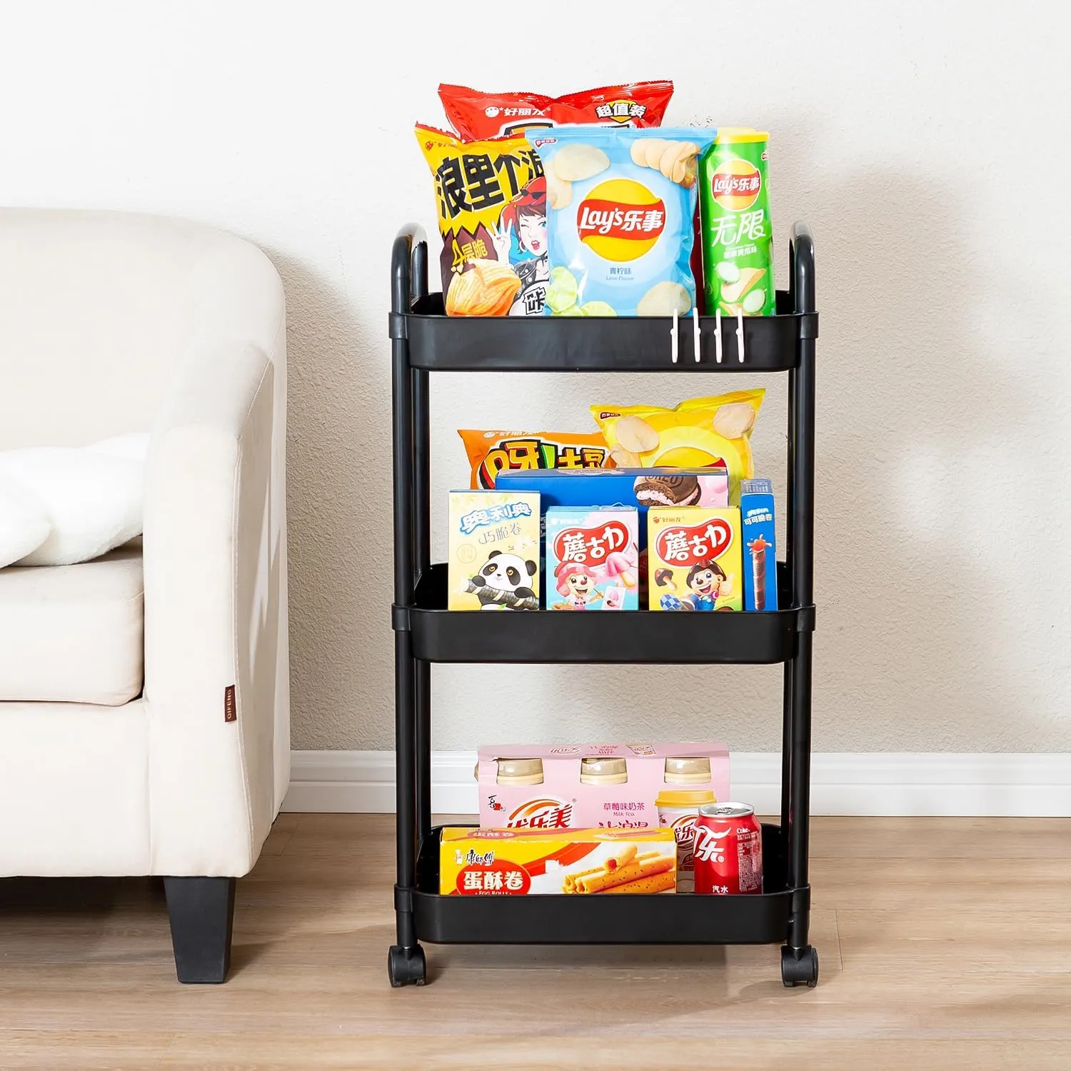 3 Tier Rolling Cart with Wheels and Handle,Rolling Storage Cart for Office, Living Room, Laundry Room,Kitchen,Bathroom,Black
