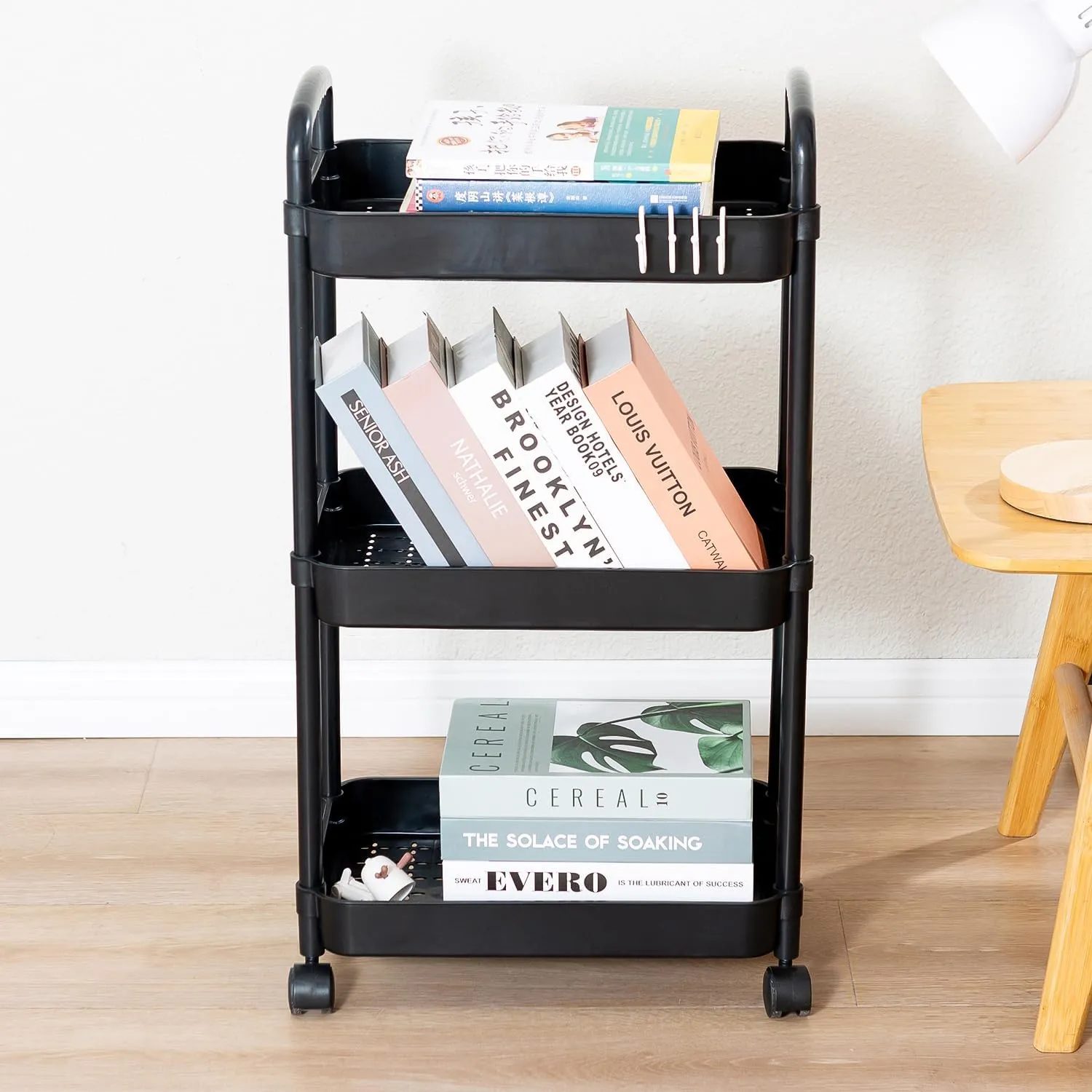 3 Tier Rolling Cart with Wheels and Handle,Rolling Storage Cart for Office, Living Room, Laundry Room,Kitchen,Bathroom,Black