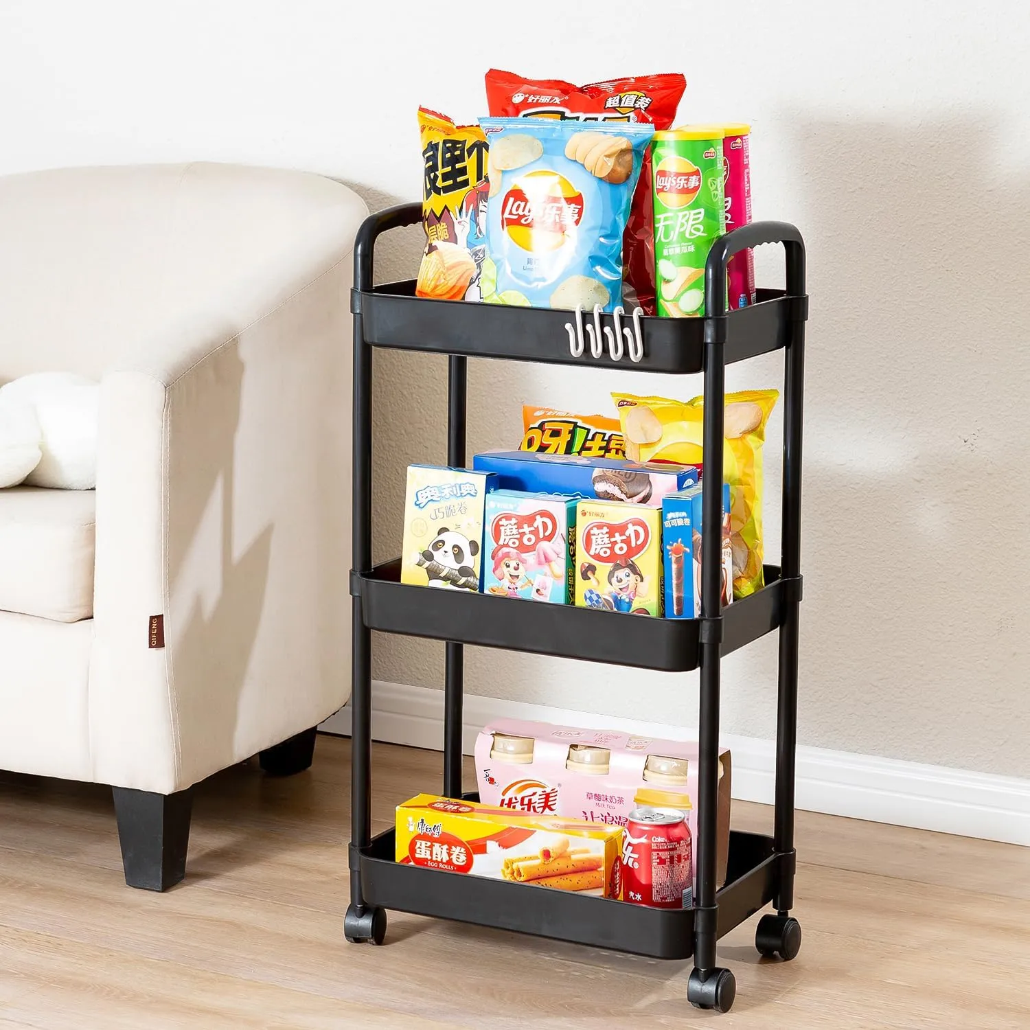 3 Tier Rolling Cart with Wheels and Handle,Rolling Storage Cart for Office, Living Room, Laundry Room,Kitchen,Bathroom,Black
