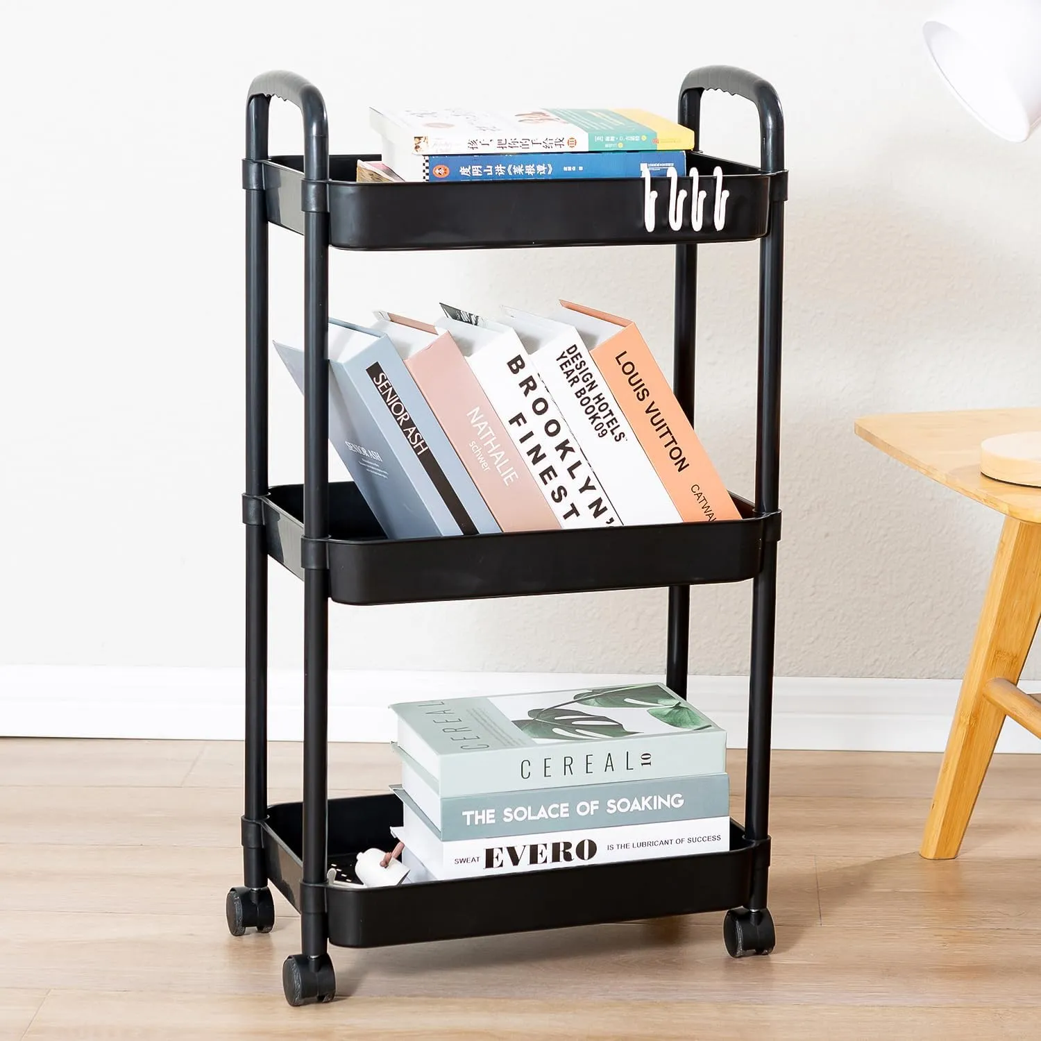 3 Tier Rolling Cart with Wheels and Handle,Rolling Storage Cart for Office, Living Room, Laundry Room,Kitchen,Bathroom,Black