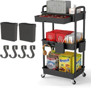 3 Tier Rolling Utility Cart with Drawer,REBECAT Utility Cart Made of Multifunctional Storage Organizer Tool for Kitchen,Bathroom,Living Room,Office(Black)