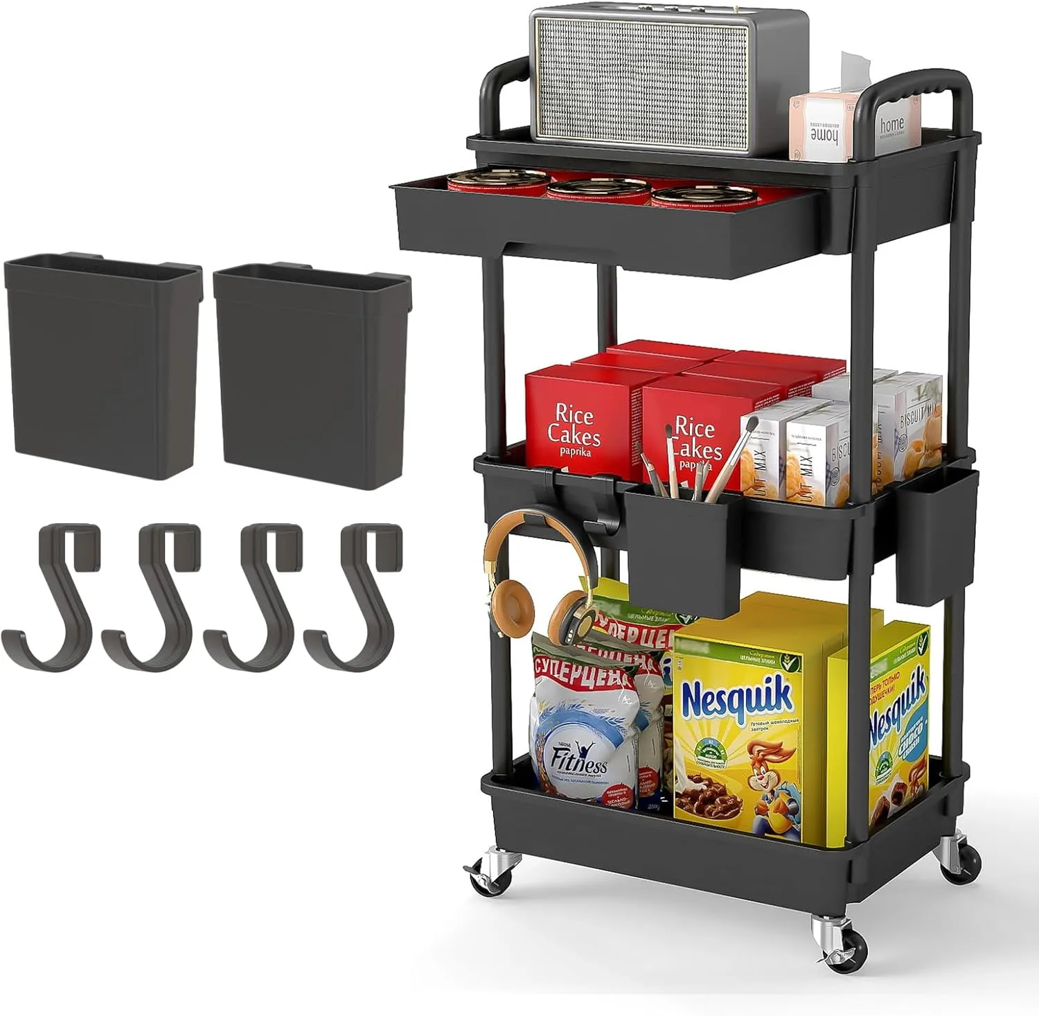 3 Tier Rolling Utility Cart with Drawer,REBECAT Utility Cart Made of Multifunctional Storage Organizer Tool for Kitchen,Bathroom,Living Room,Office(Black)