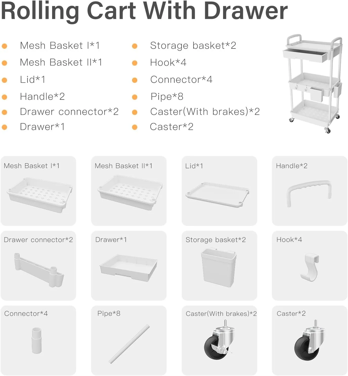 3 Tier Rolling Utility Cart with Drawer,REBECAT Utility Cart Made of Multifunctional Storage Organizer Tool for Kitchen,Bathroom,Living Room,Office(White)