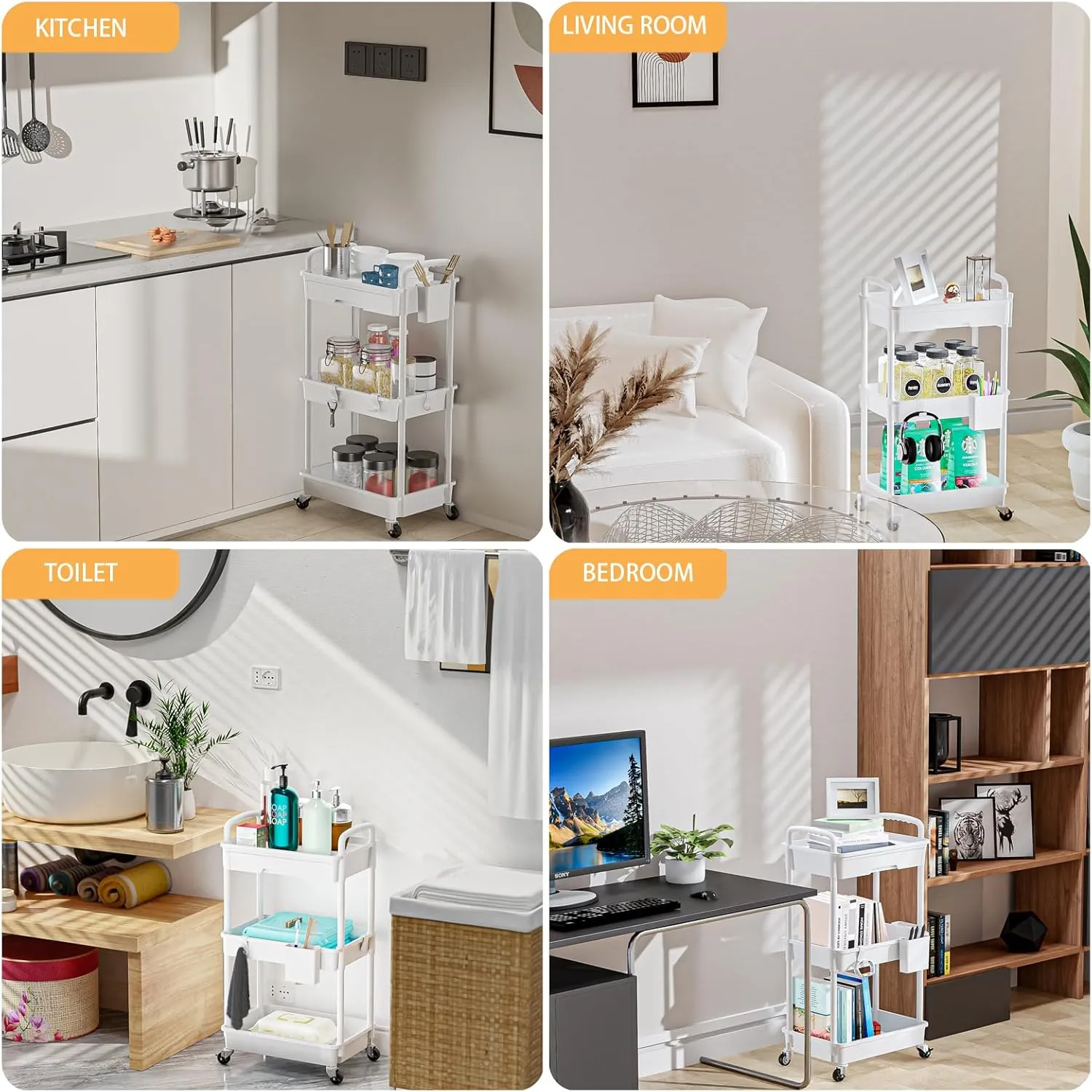 3 Tier Rolling Utility Cart with Drawer,REBECAT Utility Cart Made of Multifunctional Storage Organizer Tool for Kitchen,Bathroom,Living Room,Office(White)