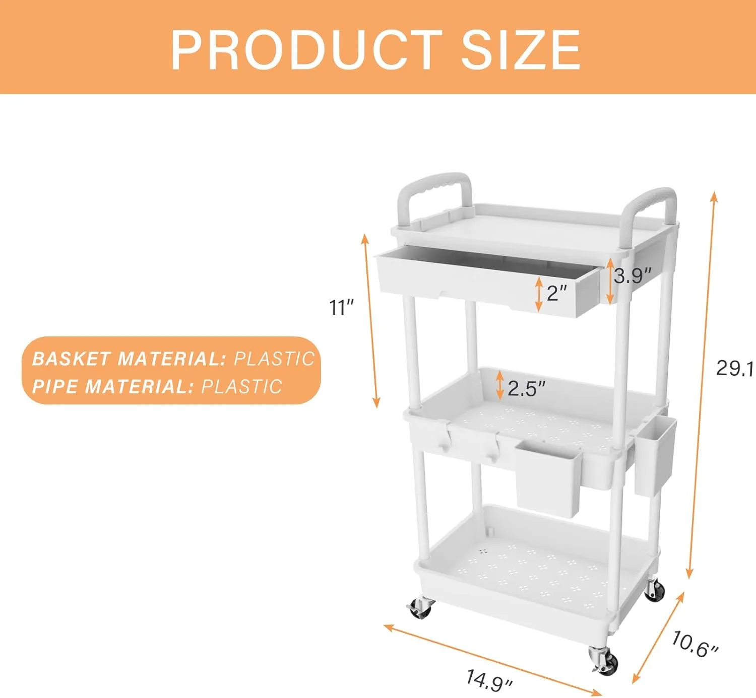 3 Tier Rolling Utility Cart with Drawer,REBECAT Utility Cart Made of Multifunctional Storage Organizer Tool for Kitchen,Bathroom,Living Room,Office(White)