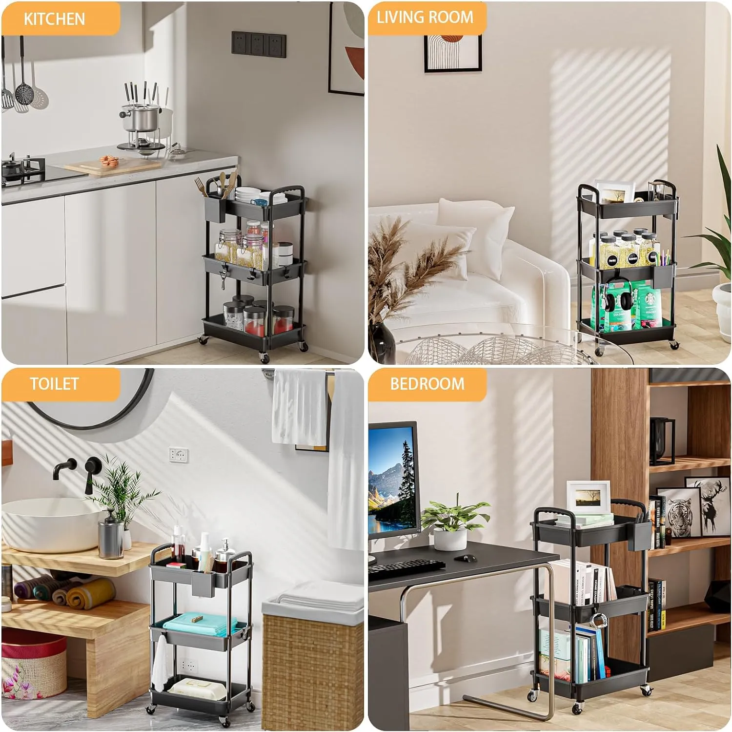 3 Tier Rolling Utility Cart with Handle,REBECAT Utility Cart Made of Multifunctional Storage Organizer Tool for Kitchen,Bathroom,Living Room,Office(Black)