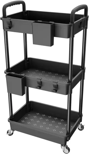 3 Tier Rolling Utility Cart with Handle,REBECAT Utility Cart Made of Multifunctional Storage Organizer Tool for Kitchen,Bathroom,Living Room,Office(Black)