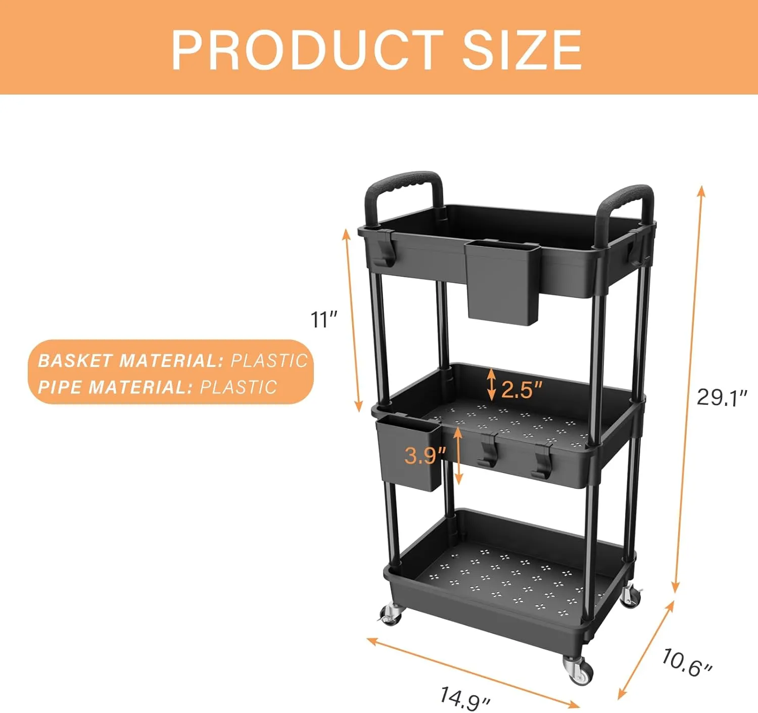 3 Tier Rolling Utility Cart with Handle,REBECAT Utility Cart Made of Multifunctional Storage Organizer Tool for Kitchen,Bathroom,Living Room,Office(Black)