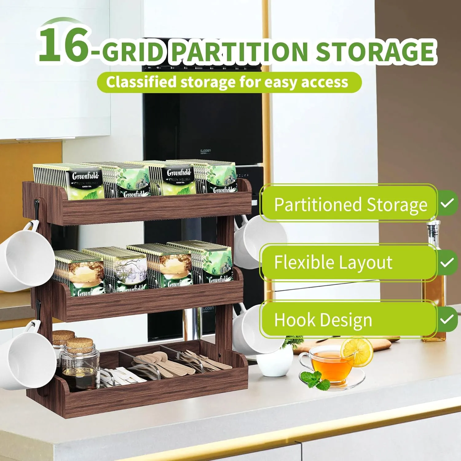 3 Tier Tea Bag Organizer - Wall-Mounted Holder with Partitions, 4 Hooks, Wooden Tea Box for Office, Kitchen, Cabinet, Pantry