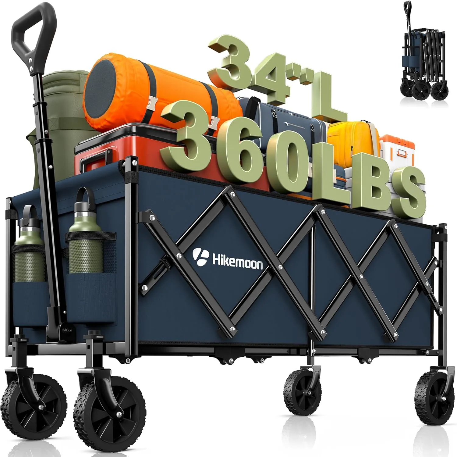 34'' Extra Long Collapsible Wagons Carts Foldable, 360LBS Heavy Duty Folding Beach Wagon with Wheels, Portable Utility Outdoor Cart for Grocery, Garden, Sports, Camping, Blue