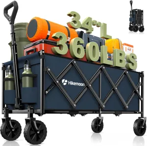 34'' Extra Long Collapsible Wagons Carts Foldable, 360LBS Heavy Duty Folding Beach Wagon with Wheels, Portable Utility Outdoor Cart for Grocery, Garden, Sports, Camping, Blue