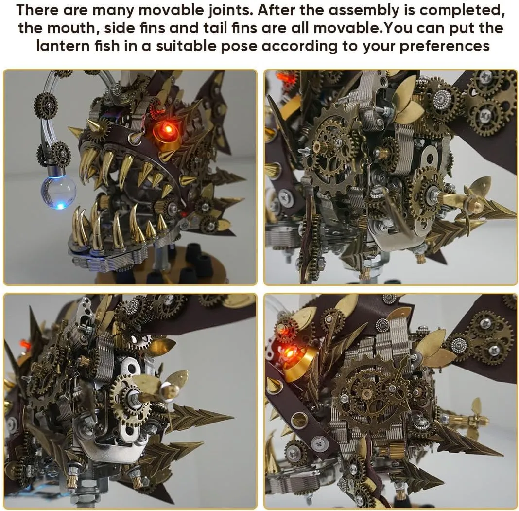 3D Metal Puzzles for Adults, 700 Pieces Lantern Fish Mechanical Building Model DIY Assembly Jigsaw Craft Model Kits Steampunk Christmas Halloween Home Decorations Gifts