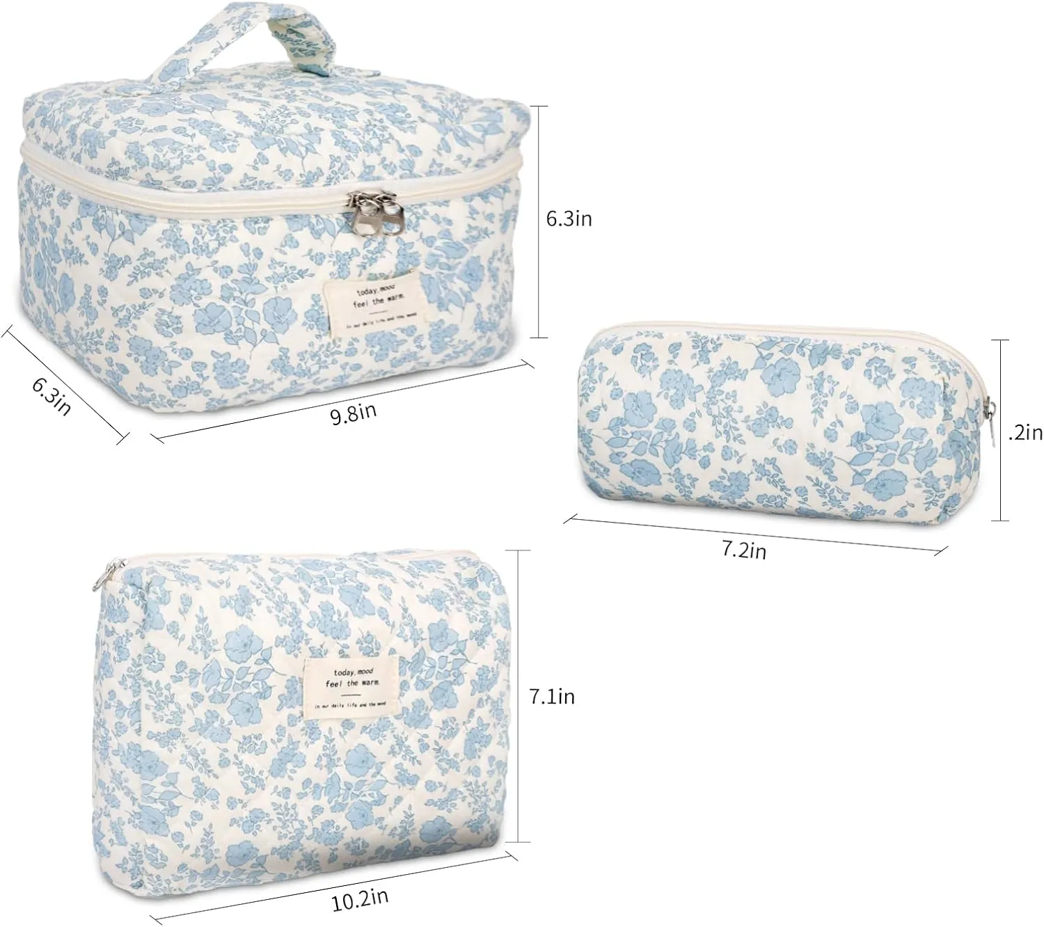 3Pcs Cotton Quilted Makeup Bag Large Travel Cosmetic Bag Coquette Makeup Pouch Cute Aesthetic Floral Toiletry Bag for Women Girls