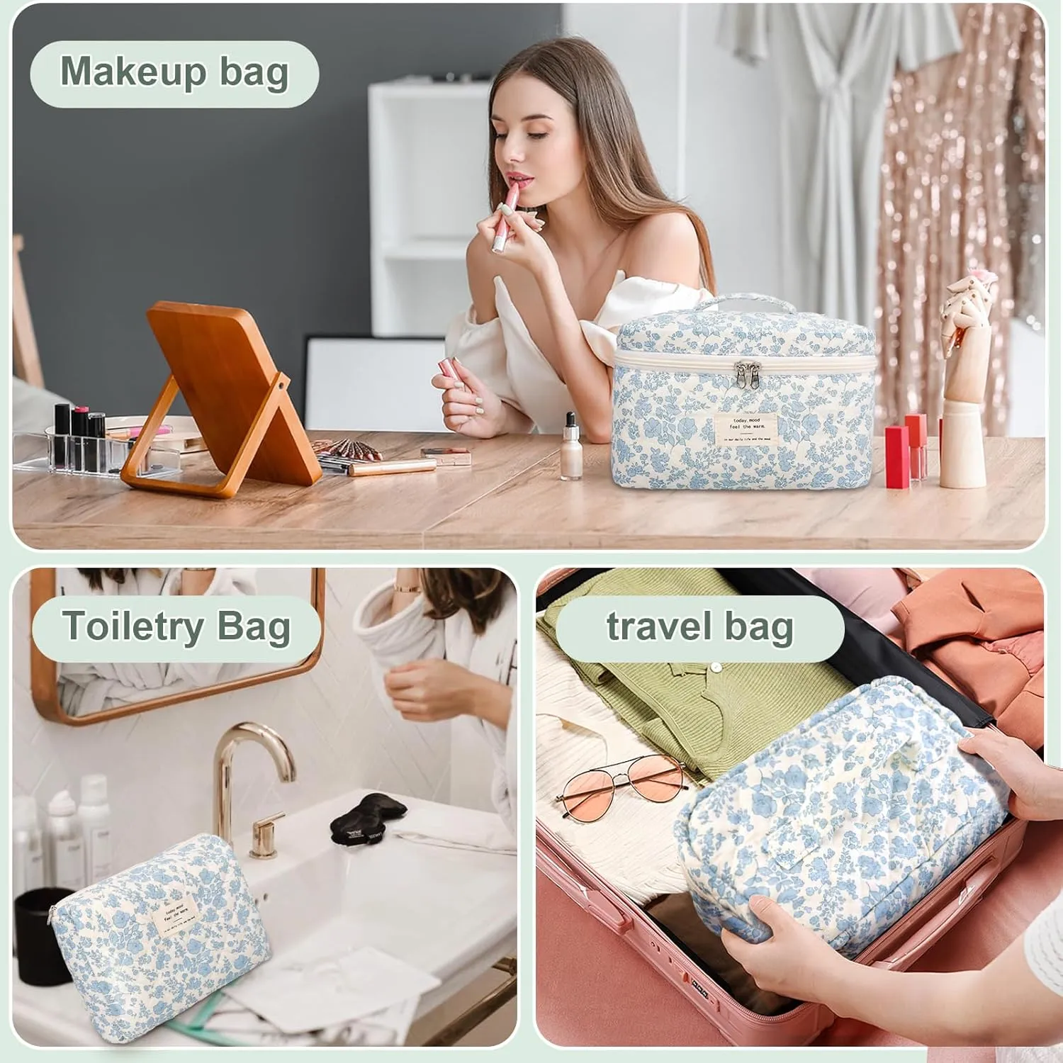 3Pcs Cotton Quilted Makeup Bag Large Travel Cosmetic Bag Coquette Makeup Pouch Cute Aesthetic Floral Toiletry Bag for Women Girls