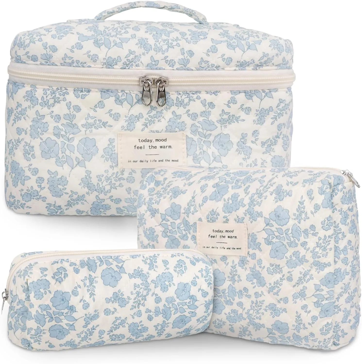 3Pcs Cotton Quilted Makeup Bag Large Travel Cosmetic Bag Coquette Makeup Pouch Cute Aesthetic Floral Toiletry Bag for Women Girls