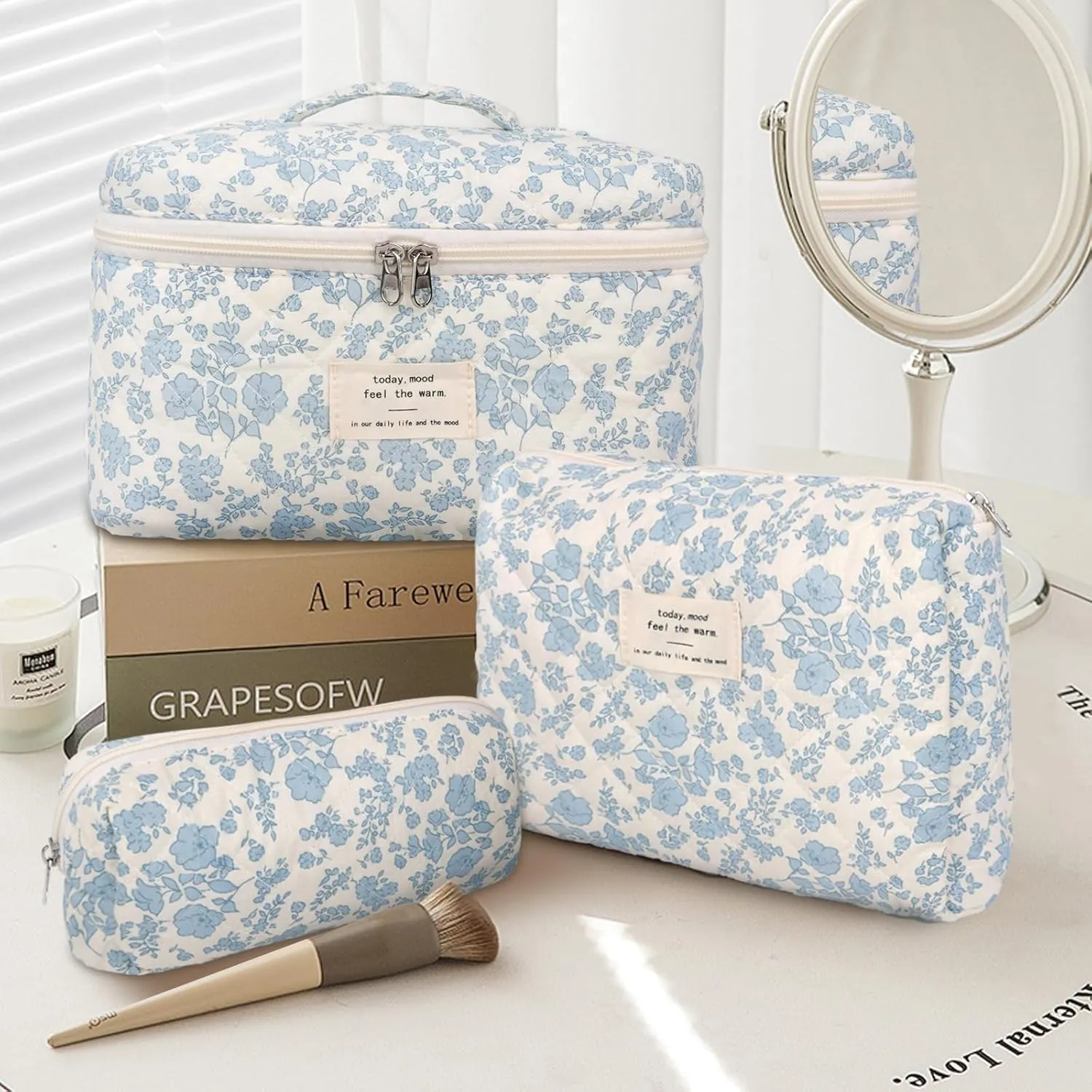 3Pcs Cotton Quilted Makeup Bag Large Travel Cosmetic Bag Coquette Makeup Pouch Cute Aesthetic Floral Toiletry Bag for Women Girls