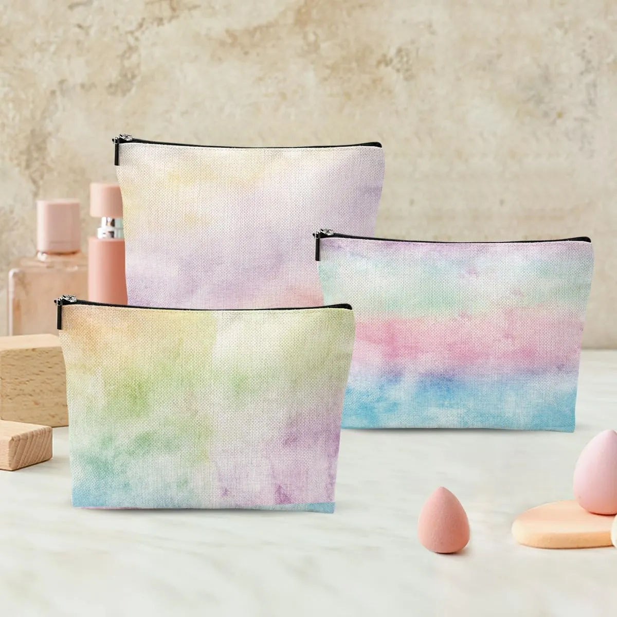 3Pcs Pastel Watercolor Rainbow Makeup Bag, Cosmetic Bag, Waterproof Cute Travel Toiletry Bag Organizer Make Up Bag Mothers Day Birthday Friendship Gifts for Women Girls Coworker Sister Bestie Grandma