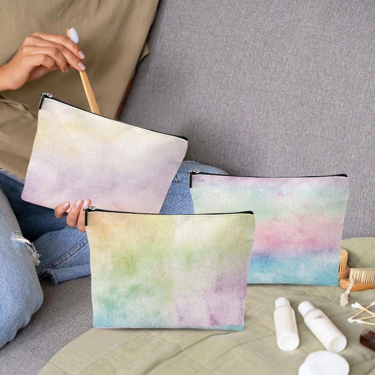 3Pcs Pastel Watercolor Rainbow Makeup Bag, Cosmetic Bag, Waterproof Cute Travel Toiletry Bag Organizer Make Up Bag Mothers Day Birthday Friendship Gifts for Women Girls Coworker Sister Bestie Grandma