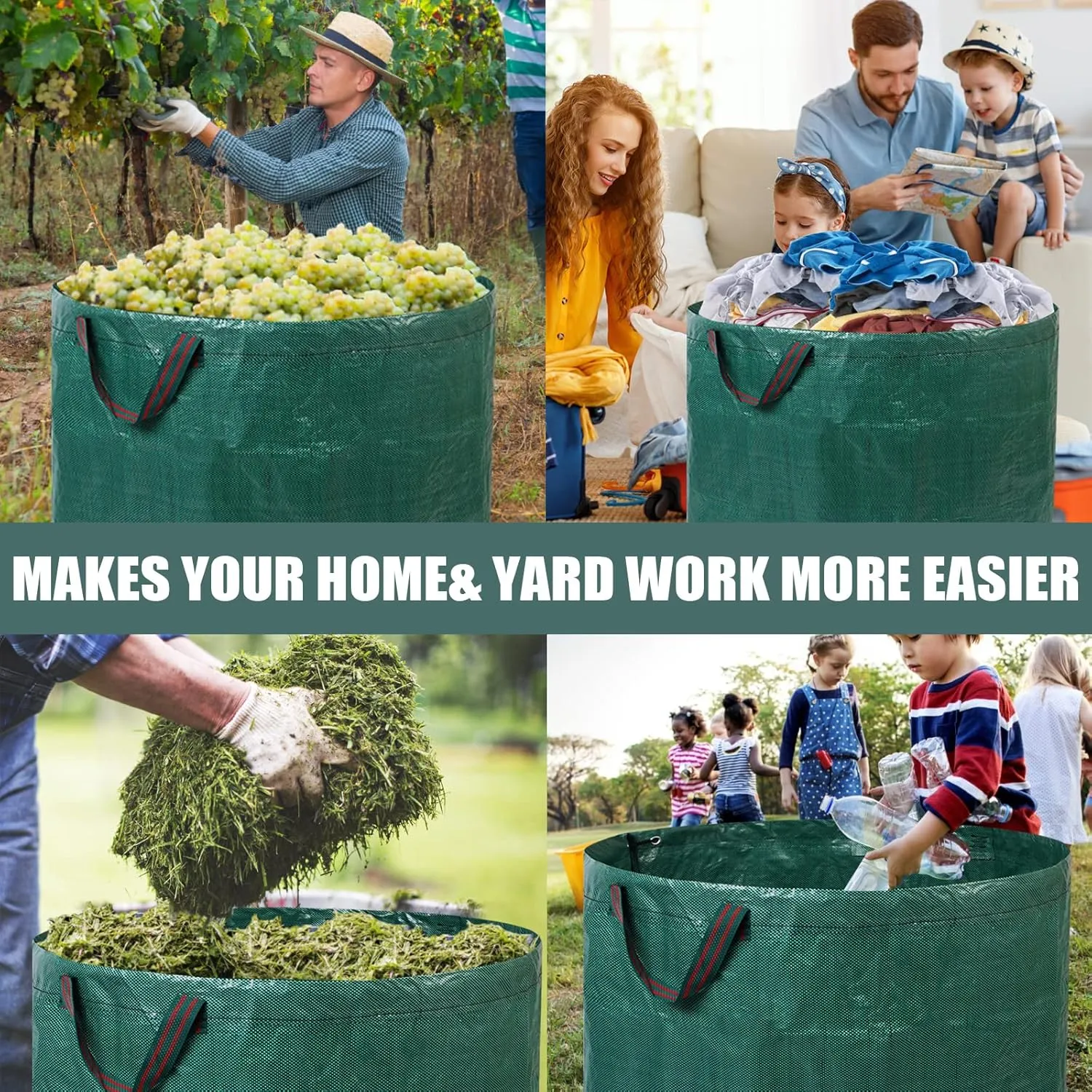 4 Pack 137 Gallons Reusable Yard Waste Bags with Double Bottom Layer Extra Large Leaf Lawn Bags Reusable Heavy Duty With 4 Reinforced Handles Garden waste Bags for Debris Grass Clipping