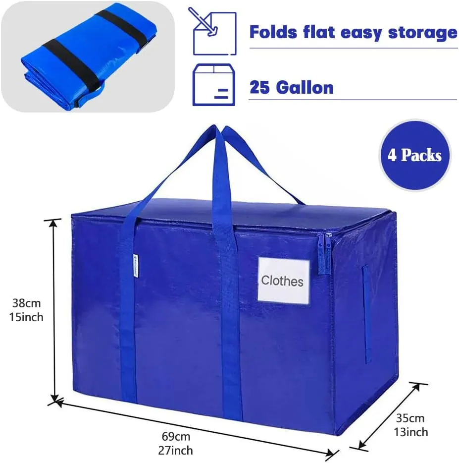 4 Pack Moving Bags Heavy Duty Packing Bags for Moving Extra Large Blue Storage Totes with Backpack Straps Strong Zippers Handle Storage Bag Moving Supplies for Space Saving College Dorm Travel Clothes