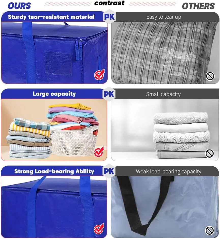 4 Pack Moving Bags Heavy Duty Packing Bags for Moving Extra Large Blue Storage Totes with Backpack Straps Strong Zippers Handle Storage Bag Moving Supplies for Space Saving College Dorm Travel Clothes
