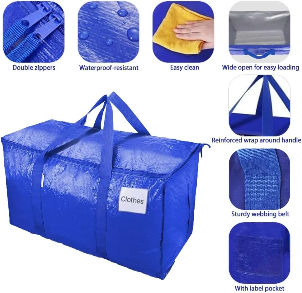 4 Pack Moving Bags Heavy Duty Packing Bags for Moving Extra Large Blue Storage Totes with Backpack Straps Strong Zippers Handle Storage Bag Moving Supplies for Space Saving College Dorm Travel Clothes