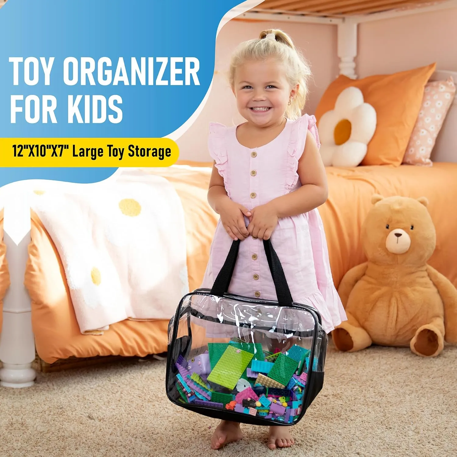 4 Piece Toy Storage Clear Bags with Heavy Duty Zipper 12"x10"x7" Plastic Bag with Handle, Toy Organizer for Kids Playroom, Puzzle, Blocks, Crafts, Stuffed Animal Storage (Black)