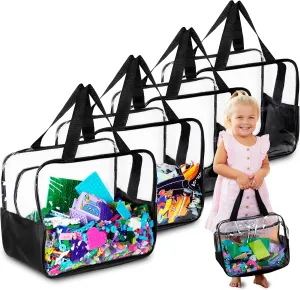 4 Piece Toy Storage Clear Bags with Heavy Duty Zipper 12"x10"x7" Plastic Bag with Handle, Toy Organizer for Kids Playroom, Puzzle, Blocks, Crafts, Stuffed Animal Storage (Black)