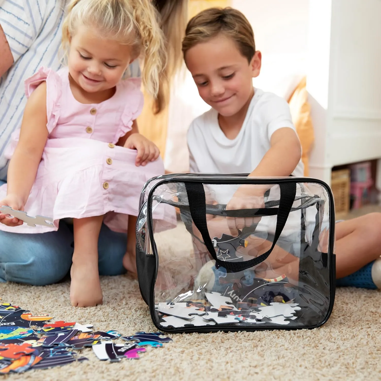 4 Piece Toy Storage Clear Bags with Heavy Duty Zipper 12"x10"x7" Plastic Bag with Handle, Toy Organizer for Kids Playroom, Puzzle, Blocks, Crafts, Stuffed Animal Storage (Black)