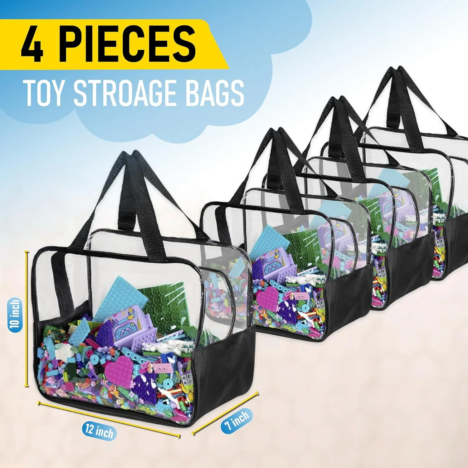 4 Piece Toy Storage Clear Bags with Heavy Duty Zipper 12"x10"x7" Plastic Bag with Handle, Toy Organizer for Kids Playroom, Puzzle, Blocks, Crafts, Stuffed Animal Storage (Black)