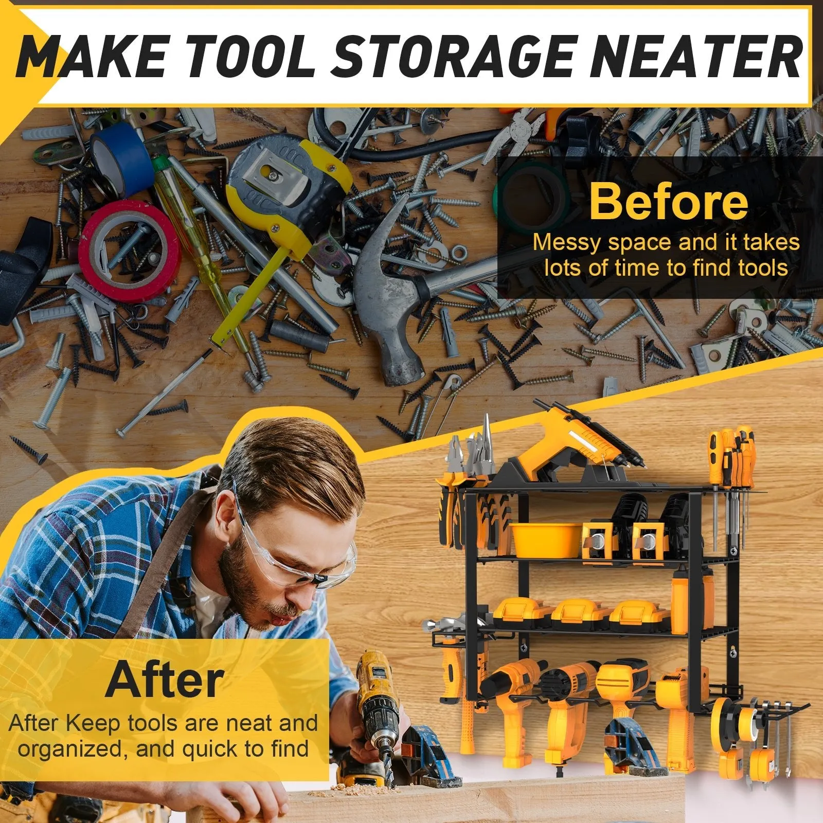 4-Tier Power Tool Organizer, Wall-Mounted Storage for Workshop