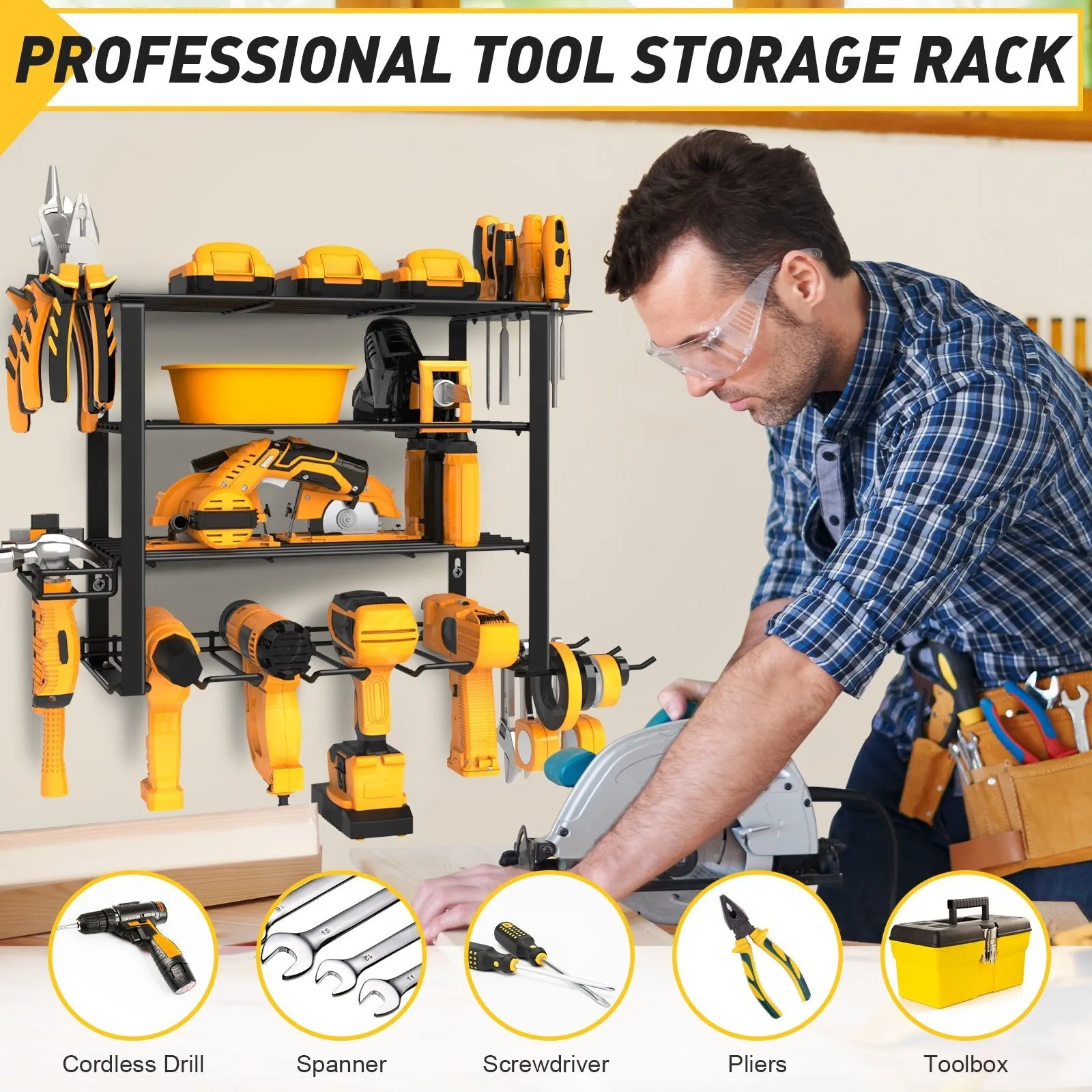 4-Tier Power Tool Organizer, Wall-Mounted Storage for Workshop