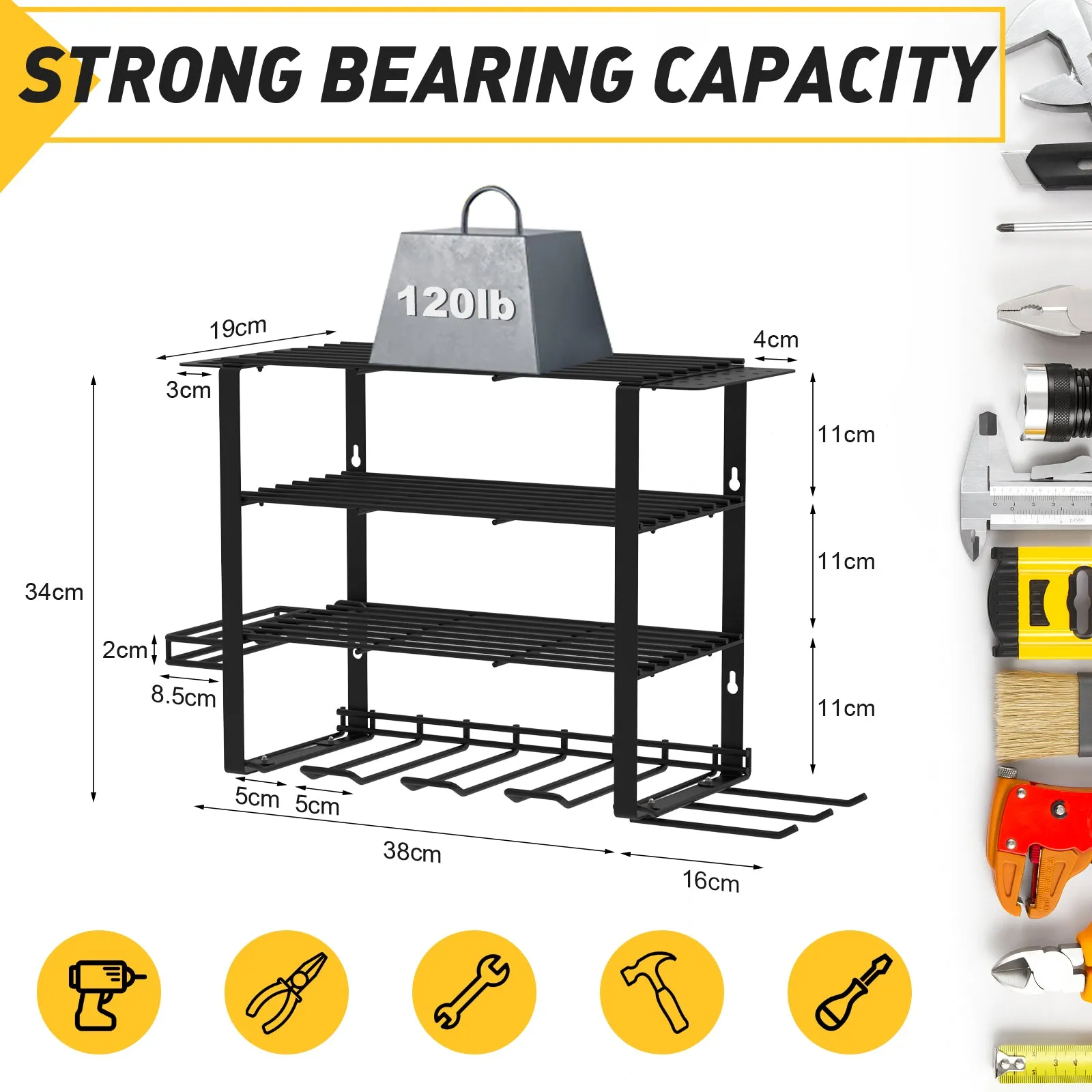 4-Tier Power Tool Organizer, Wall-Mounted Storage for Workshop