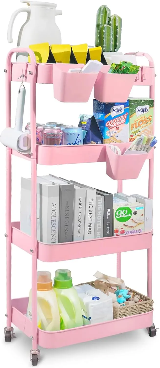 4-Tier Rolling Utility Cart, Metal Storage Cart with 3 Hanging Cups & 4 Hooks, Multifunctional Organization Cart with Lockable Casters for Bathroom, Kitchen, Living Room, Office, Pink