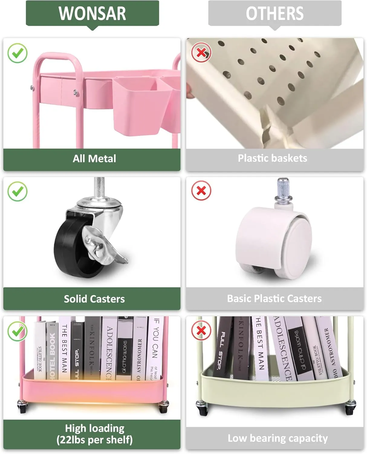 4-Tier Rolling Utility Cart, Metal Storage Cart with 3 Hanging Cups & 4 Hooks, Multifunctional Organization Cart with Lockable Casters for Bathroom, Kitchen, Living Room, Office, Pink