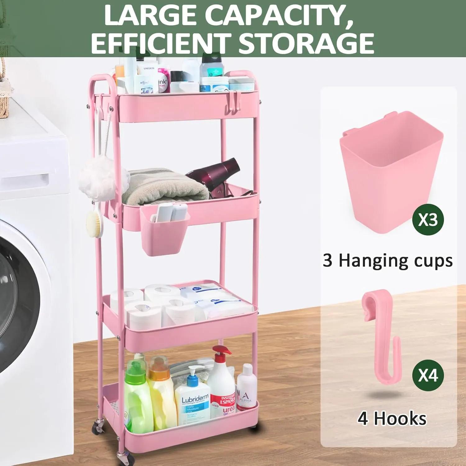 4-Tier Rolling Utility Cart, Metal Storage Cart with 3 Hanging Cups & 4 Hooks, Multifunctional Organization Cart with Lockable Casters for Bathroom, Kitchen, Living Room, Office, Pink
