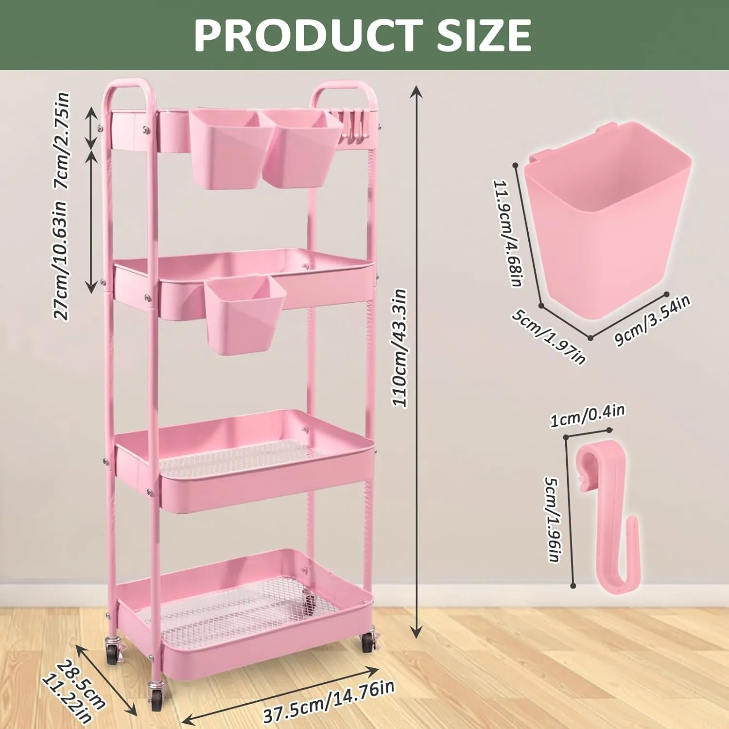 4-Tier Rolling Utility Cart, Metal Storage Cart with 3 Hanging Cups & 4 Hooks, Multifunctional Organization Cart with Lockable Casters for Bathroom, Kitchen, Living Room, Office, Pink