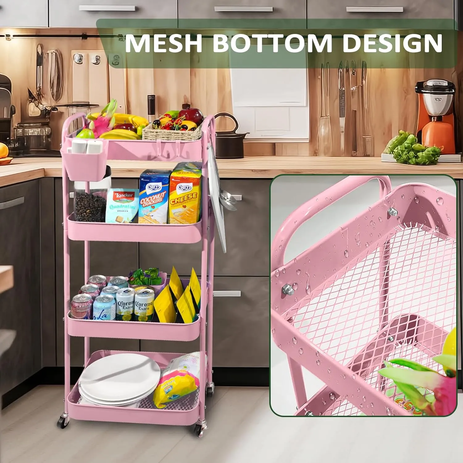 4-Tier Rolling Utility Cart, Metal Storage Cart with 3 Hanging Cups & 4 Hooks, Multifunctional Organization Cart with Lockable Casters for Bathroom, Kitchen, Living Room, Office, Pink