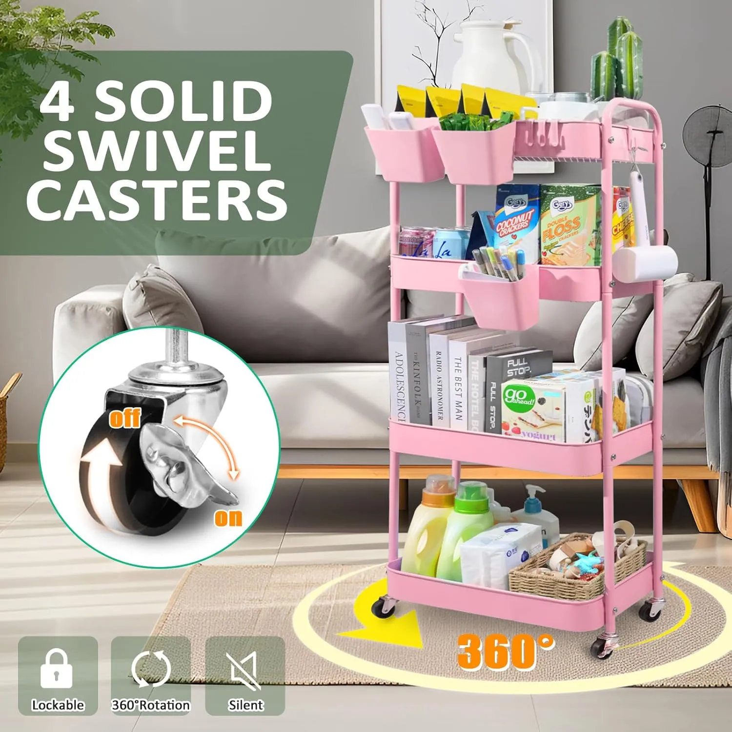 4-Tier Rolling Utility Cart, Metal Storage Cart with 3 Hanging Cups & 4 Hooks, Multifunctional Organization Cart with Lockable Casters for Bathroom, Kitchen, Living Room, Office, Pink