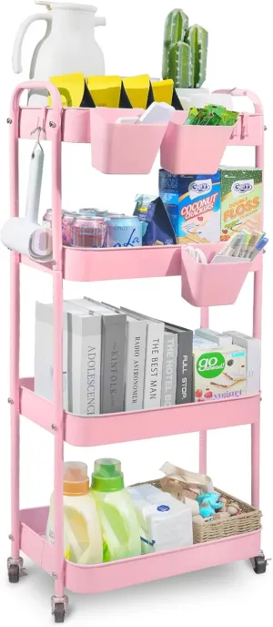 4-Tier Rolling Utility Cart, Metal Storage Cart with 3 Hanging Cups & 4 Hooks, Multifunctional Organization Cart with Lockable Casters for Bathroom, Kitchen, Living Room, Office, Pink
