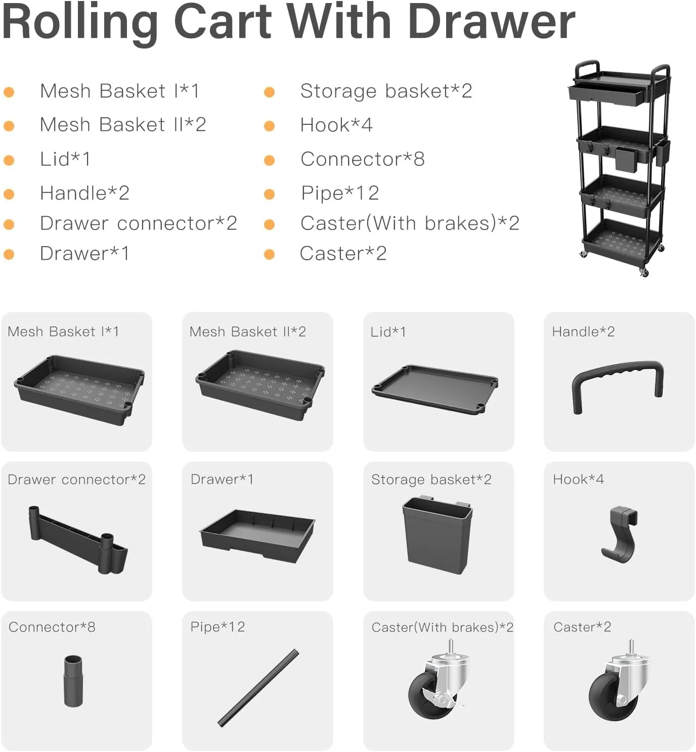 4 Tier Rolling Utility Cart with Drawer,REBECAT Utility Cart Made of Multifunctional Storage Organizer Tool for Kitchen,Bathroom,Living Room,Office(Black)