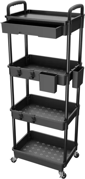 4 Tier Rolling Utility Cart with Drawer,REBECAT Utility Cart Made of Multifunctional Storage Organizer Tool for Kitchen,Bathroom,Living Room,Office(Black)